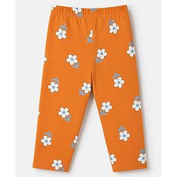 Babyhug 100% Cotton Knit Half Sleeves Top & Pyjama Night Suit Co-ords With Floral Print - Orange