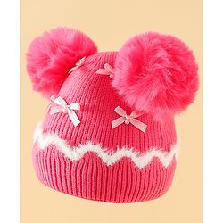 Babyhug Viscose Woollen Cap with Pom Pom and Bow Pearl Applique Fuchsia - Diameter 18.5 cm