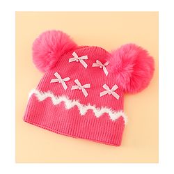 Babyhug Viscose Woollen Cap with Pom Pom and Bow Pearl Applique Fuchsia - Diameter 18.5 cm