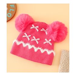 Babyhug Viscose Woollen Cap with Pom Pom and Bow Pearl Applique Fuchsia - Diameter 18.5 cm