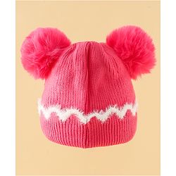 Babyhug Viscose Woollen Cap with Pom Pom and Bow Pearl Applique Fuchsia - Diameter 18.5 cm