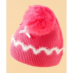 Babyhug Viscose Woollen Cap with Pom Pom and Bow Pearl Applique Fuchsia - Diameter 18.5 cm