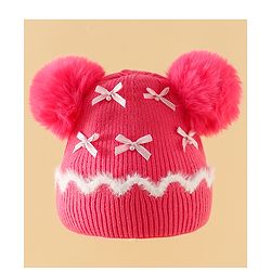Babyhug Viscose Woollen Cap with Pom Pom and Bow Pearl Applique Fuchsia - Diameter 18.5 cm
