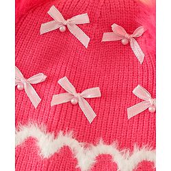 Babyhug Viscose Woollen Cap with Pom Pom and Bow Pearl Applique Fuchsia - Diameter 18.5 cm