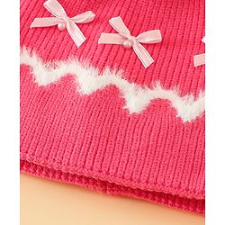 Babyhug Viscose Woollen Cap with Pom Pom and Bow Pearl Applique Fuchsia - Diameter 18.5 cm