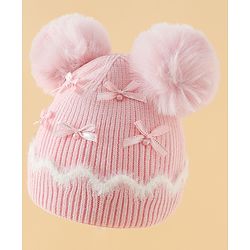 Babyhug Viscose Woollen Cap with Pom Pom and Bow Pearl Applique Fuchsia - Diameter 18.5 cm