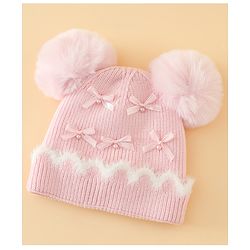 Babyhug Viscose Woollen Cap with Pom Pom and Bow Pearl Applique Fuchsia - Diameter 18.5 cm