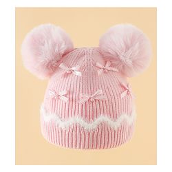 Babyhug Viscose Woollen Cap with Pom Pom and Bow Pearl Applique Fuchsia - Diameter 18.5 cm