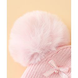 Babyhug Viscose Woollen Cap with Pom Pom and Bow Pearl Applique Fuchsia - Diameter 18.5 cm