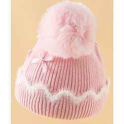 Babyhug Viscose Woollen Cap with Pom Pom and Bow Pearl Applique Fuchsia - Diameter 18.5 cm