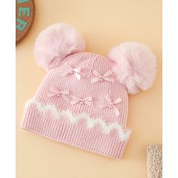 Babyhug Viscose Woollen Cap with Pom Pom and Bow Pearl Applique Fuchsia - Diameter 18.5 cm