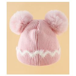 Babyhug Viscose Woollen Cap with Pom Pom and Bow Pearl Applique Fuchsia - Diameter 18.5 cm