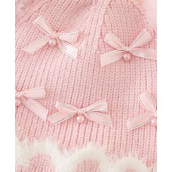 Babyhug Viscose Woollen Cap with Pom Pom and Bow Pearl Applique Fuchsia - Diameter 18.5 cm