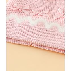 Babyhug Viscose Woollen Cap with Pom Pom and Bow Pearl Applique Fuchsia - Diameter 18.5 cm