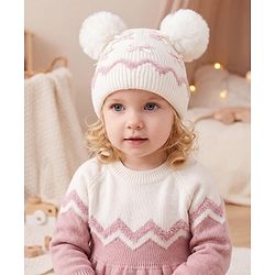Babyhug Viscose Woollen Cap with Pom Pom and Bow Pearl Applique Fuchsia - Diameter 18.5 cm