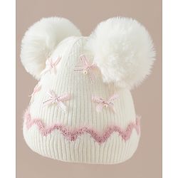 Babyhug Viscose Woollen Cap with Pom Pom and Bow Pearl Applique Fuchsia - Diameter 18.5 cm