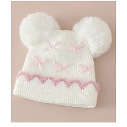 Babyhug Viscose Woollen Cap with Pom Pom and Bow Pearl Applique Fuchsia - Diameter 18.5 cm