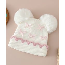 Babyhug Viscose Woollen Cap with Pom Pom and Bow Pearl Applique Fuchsia - Diameter 18.5 cm