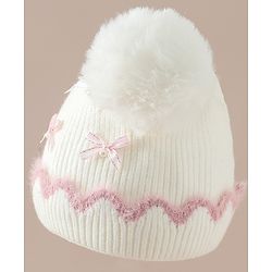 Babyhug Viscose Woollen Cap with Pom Pom and Bow Pearl Applique Fuchsia - Diameter 18.5 cm