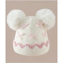 Babyhug Viscose Woollen Cap with Pom Pom and Bow Pearl Applique Fuchsia - Diameter 18.5 cm