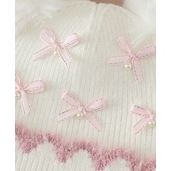 Babyhug Viscose Woollen Cap with Pom Pom and Bow Pearl Applique Fuchsia - Diameter 18.5 cm