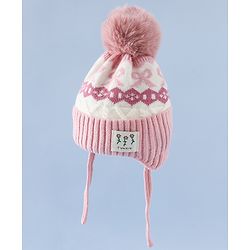Babyhug Woollen Cap with Pom Pom & Ear with Bow Design Pink - Diameter 18.5 cm