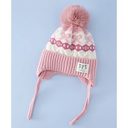 Babyhug Woollen Cap with Pom Pom & Ear with Bow Design Pink - Diameter 18.5 cm