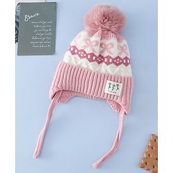 Babyhug Woollen Cap with Pom Pom & Ear with Bow Design Pink - Diameter 18.5 cm
