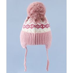 Babyhug Woollen Cap with Pom Pom & Ear with Bow Design Pink - Diameter 18.5 cm