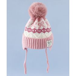 Babyhug Woollen Cap with Pom Pom & Ear with Bow Design Pink - Diameter 18.5 cm