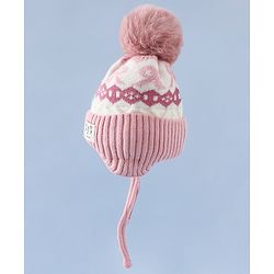 Babyhug Woollen Cap with Pom Pom & Ear with Bow Design Pink - Diameter 18.5 cm