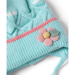 Babyhug Viscose Woollen Cap With Flower Applique in Blue - Diameter 15 cm