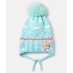 Babyhug Viscose Woollen Cap With Flower Applique in Blue - Diameter 15 cm