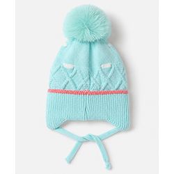 Babyhug Viscose Woollen Cap With Flower Applique in Blue - Diameter 15 cm