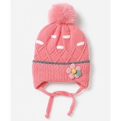 Babyhug Viscose Woollen Cap With Flower Applique in Blue - Diameter 15 cm