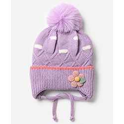 Babyhug Viscose Woollen Cap With Flower Applique in Blue - Diameter 15 cm