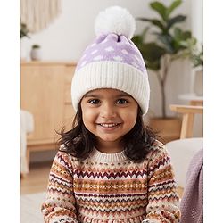 Babyhug Woollen Cap with Polka Dots & Pom Pom in Purple - Diameter 17 cm