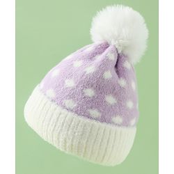 Babyhug Woollen Cap with Polka Dots & Pom Pom in Purple - Diameter 17 cm