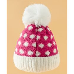 Babyhug Woollen Cap with Polka Dots & Pom Pom in Purple - Diameter 17 cm