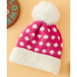 Babyhug Woollen Cap with Polka Dots & Pom Pom in Purple - Diameter 17 cm