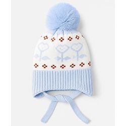 Babyhug Winter Cap With Flower Design in Blue - Diameter 15.5 cm