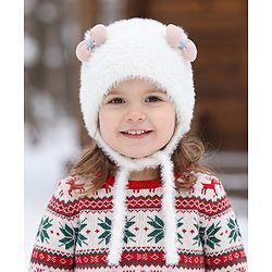 Babyhug Woollen Cap with Knot & Bow Applique White - Diameter 16.5 cm