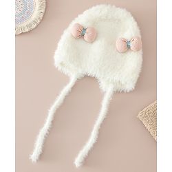 Babyhug Woollen Cap with Knot & Bow Applique White - Diameter 16.5 cm
