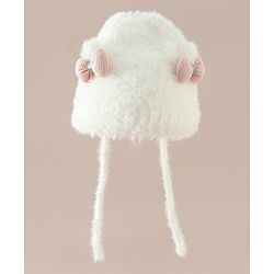 Babyhug Woollen Cap with Knot & Bow Applique White - Diameter 16.5 cm