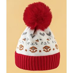Babyhug Woollen Cap with Heart Print & Pom Pom in Red - Diameter 16.5 cm