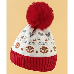 Babyhug Woollen Cap with Heart Print & Pom Pom in Red - Diameter 16.5 cm