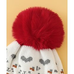 Babyhug Woollen Cap with Heart Print & Pom Pom in Red - Diameter 16.5 cm