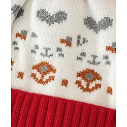 Babyhug Woollen Cap with Heart Print & Pom Pom in Red - Diameter 16.5 cm