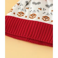 Babyhug Woollen Cap with Heart Print & Pom Pom in Red - Diameter 16.5 cm