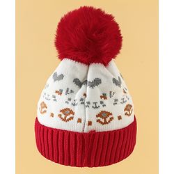 Babyhug Woollen Cap with Heart Print & Pom Pom in Red - Diameter 16.5 cm
